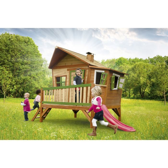 AXI Emma Maison Enfant avec Toboggan rouge | Aire de Jeux pour l'extérieur en marron & vert | Maisonnette / Cabane de Jeu en Bois