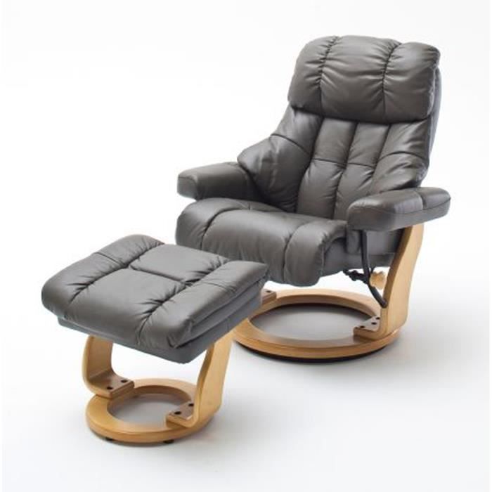 Fauteuil relax en cuir gris foncé et naturel avec tabouret - 90 x 104 x 91 cm