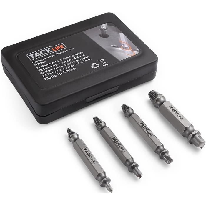 TACKLIFE Vis Extracteurs Endommagé, Dureté 63-65HRC, 4 Pcs Extracteur de Vis avec étui, en Acier d'alliage SEB04A