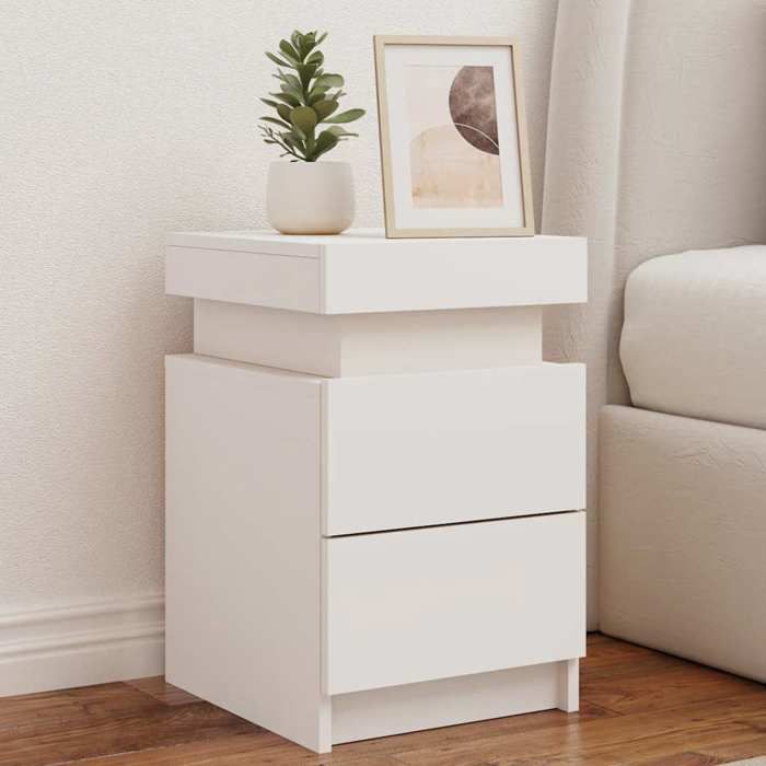 vidaXL Table de Chevet avec Lumières LED Armoire de Lit avec Rangement Table de Nuit Armoire de Nuit Moderne Blanc Bois 836749