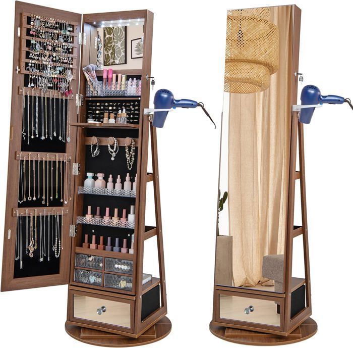 GOPLUS Armoire à Bijoux sur Pied Pivotante à 360°-Lumière LED-Support pour Sèche-Cheveux-Miroir Pleine Longueur Noyer