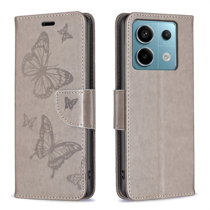 Coque pour Xiaomi Redmi Note 13 4G Motif Papillon Étui Housse Bourse Flip en Cuir,Pochette Téléphone avec Carte Bleue Fentes, Gris