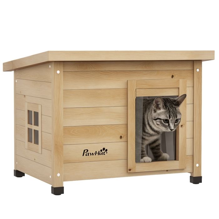 Maison pour chats - PawHut - niche dextérieur bois surélevée toit asphalte porte rideau - bois - 57x45x43cm - jaune