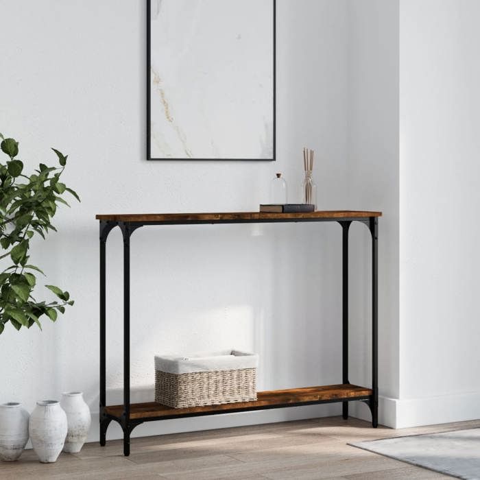 Table Console 120x33,5x75 Cm ML-Design - Chêne Rustique, Cadre Acier Noir, 2 étagères (entrée, Salon, Couloir) - 6