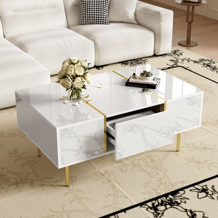 Table basse blancheRectangulaire moderne et minimaliste avec 2 tiroirsTable dappoint salon 100x60x 415cm