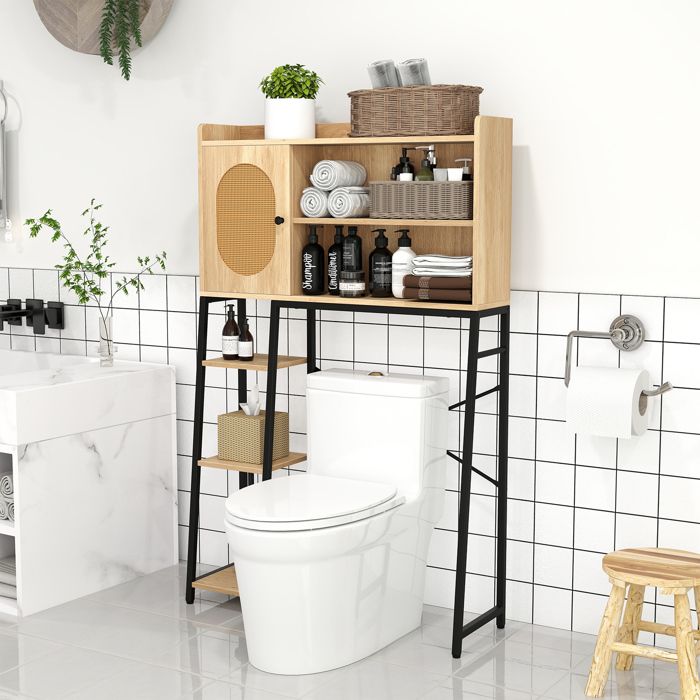 COSTWAY Meuble WC Au-dessus de Toilettes Porte en Rotin PE Etagères de Rangement Ouvertes et Réglables 89 x 29 x 139 cm