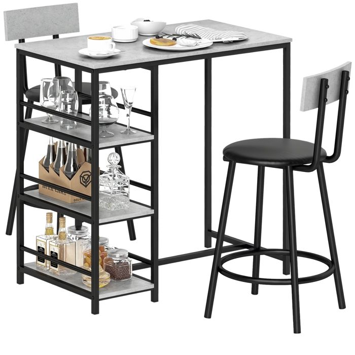 Ensemble table de bar avec 2 tabourets - HOMCOM - étagères de rangement - pour salle à manger cuisine - gris et noir