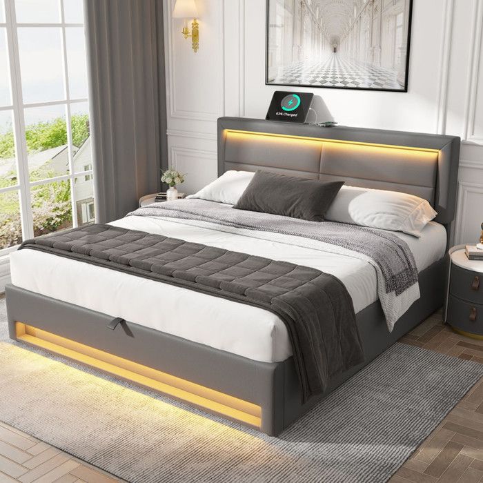 Lit double 160x200 cm en pu avec USB et éclairage LEDlit coffre avec espace de stockage et sommier à lattes pour