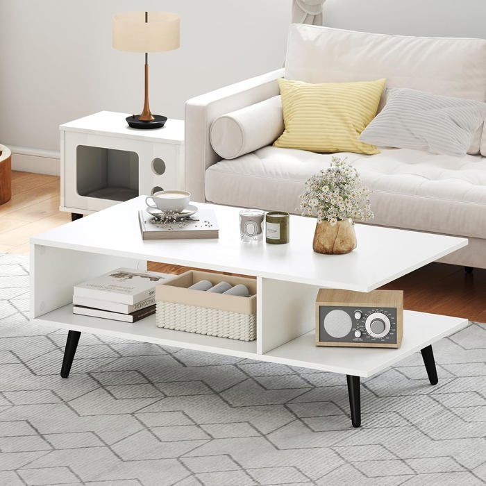 Table Basse en Bois à 2 Niveaux avec Etagère Ouverte Style Moderne pour Salon Chambre 90 x 52 x 32 cm Blanc