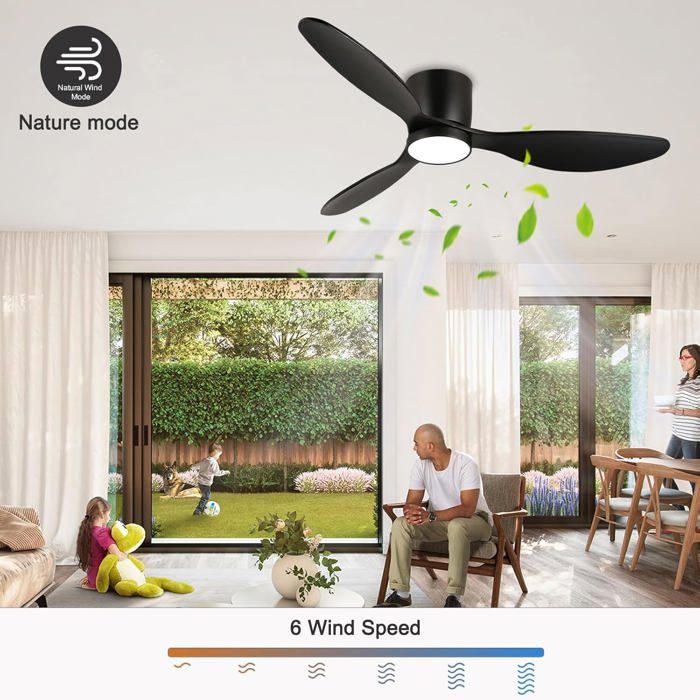 Plafonnier ventilateur noir 132 cm avec lumière – grand modèle 6 vitesses réversible télécommande et minuteur - Prumya
