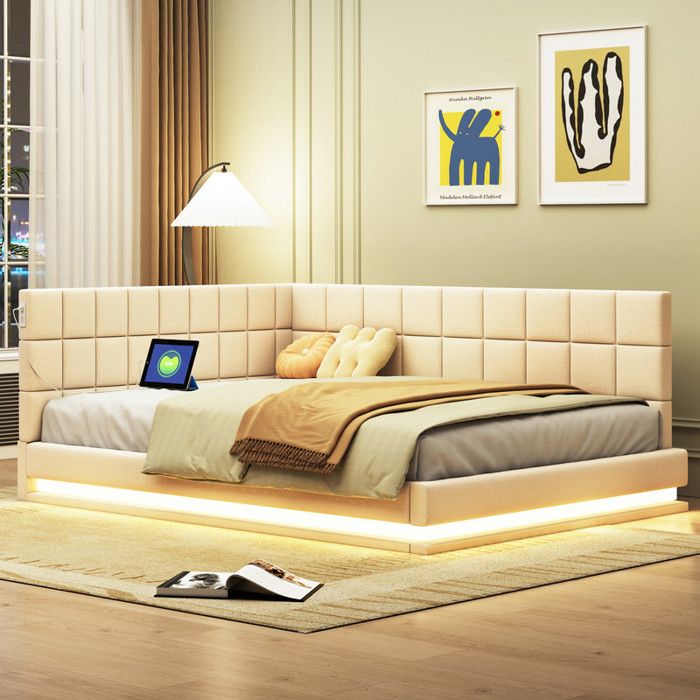 Canapé-lit 140x200 - Velours beige - LED intégrée - Prise USB - Sommier à lattes robuste