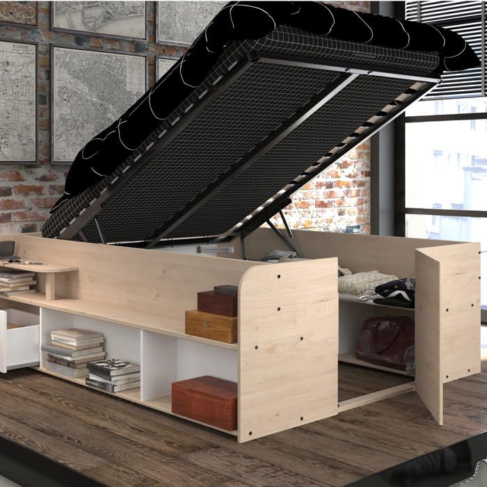 Lit coffre 140x190/200 avec multiples rangements blanc - Blanc - Fabriqué en France - Terre de Nuit