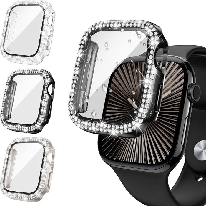 [3 Pièces] Coque Décran Diamond pour Apple Watch Series 11/10 46mm Accessoires Bling Coques avec Protecteur Décran en Verre