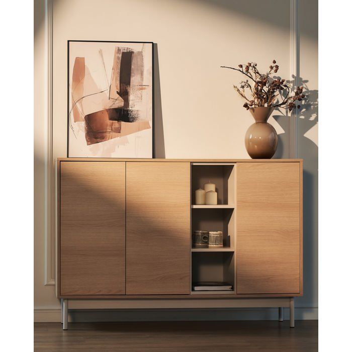 Buffet 3 portes avec trois niches ouvertes – LAYEN – 138 cm – chêne / gris cachemire