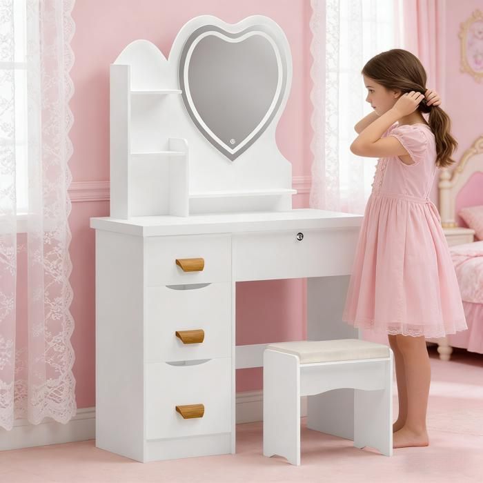 Coiffeuse coeur avec miroir LED et tabouret eclairage personnalisable pour un maquillage parfait a tout moment