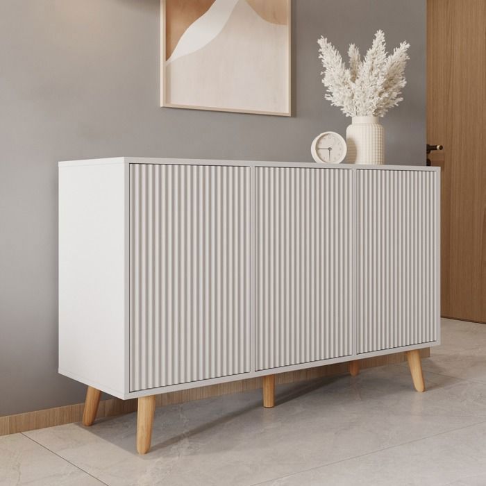 Design Ameublement - Buffet Enfilade RENZO 3D Strié - 3 portes Push-Click - Blanc Mat - 120x76x40cm Design Ameublement - Buffet Enfilade RENZO 3D Strié - 3 portes Push-Click - Blanc Mat - 120x76x40cm