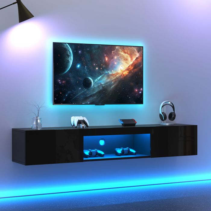 Meuble TV Mural Suspendu - AMBIANCE - 160x31x22cm - Noir Brillant - LED & 2 Portes - Pour TV 70 Pouces - Design Flottant Meuble TV Mural Suspendu - AMBIANCE - 160x31x22cm - Noir Brillant - LED & 2 Portes - Pour TV 70 Pouces - Design Flottant