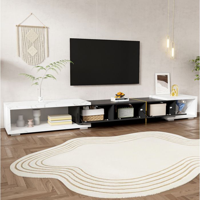 MEUBLIV Meuble TV extensible en finition marbre blanc et noir brillant 140x40x30 cm