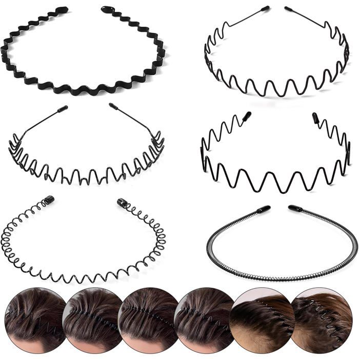 Lot de 6 Serre Têtes Métalliques Ressort Ondulé - Bandeaux Cheveux Résistants pour Sport Quotidien Homme Femme