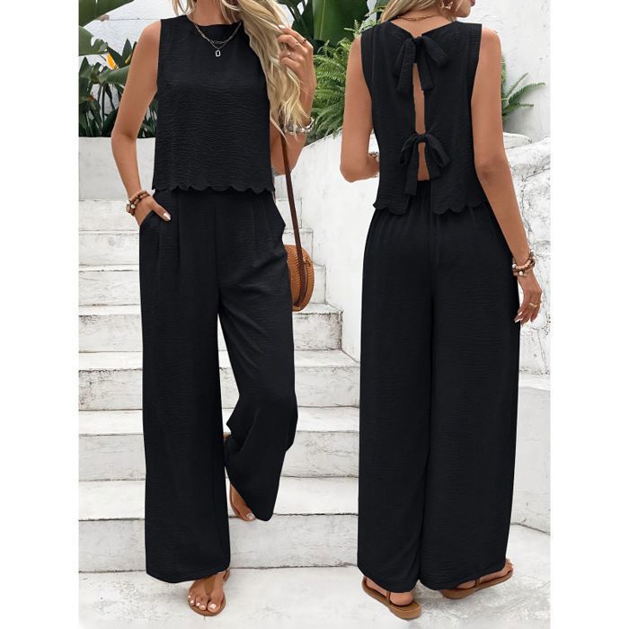 Ensemble femme 2 pièces : débardeur de sport sans manches et pantalon long décontracté pour l’extérieur-noir
