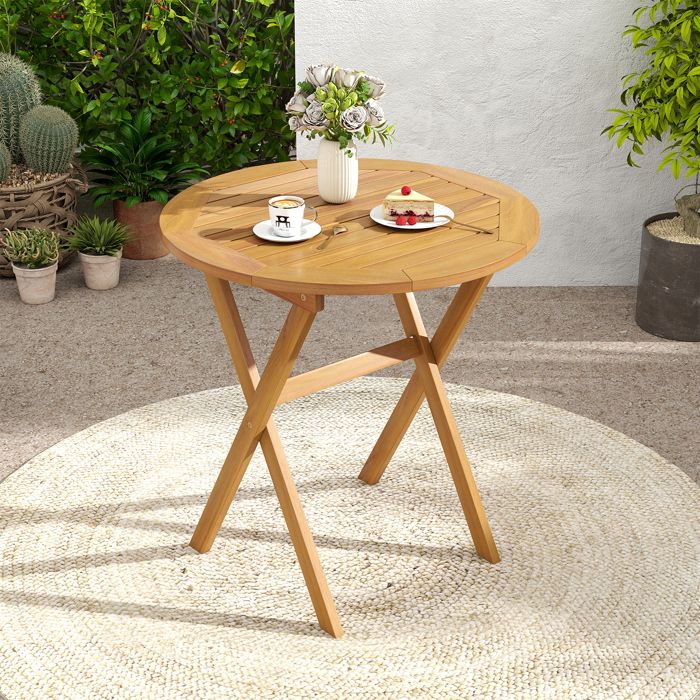 Table Basse de Jardin Ronde COSTWAY Table Pliante en Bois d’Acacia 70 cm Plateau Spacieux à Lattes pour Balcon Terrasse Camping
