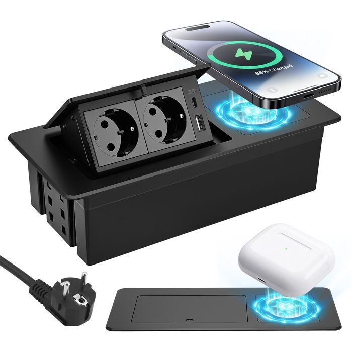 Multiprise Intégrée de Bureau Pliable USB‑A+C QC3.0 20W Charge Sans Fil Qi 15W Interrupteur Pop-Up Câble 16 AWG 18 m Noir