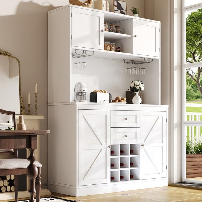 Buffet de cuisine blanc avec étagères réglables range-bouteilles et niche ouverte