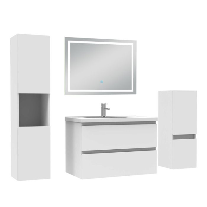 AICA Meuble de salle de bain 79 cm blanc mat avec Lavabo - 2 Colonnes + Miroir LED blanc 6000K dimmable - fonction mémoire AICA Meuble de salle de bain 79 cm blanc mat avec Lavabo - 2 Colonnes + Miroir LED blanc 6000K dimmable - fonction mémoire