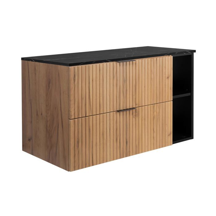 Meuble de salle de bain suspendu - Ensemble 100 cm Chêne Craft - Plateau effet marbre noir - 2 tiroirs + 2 étagères