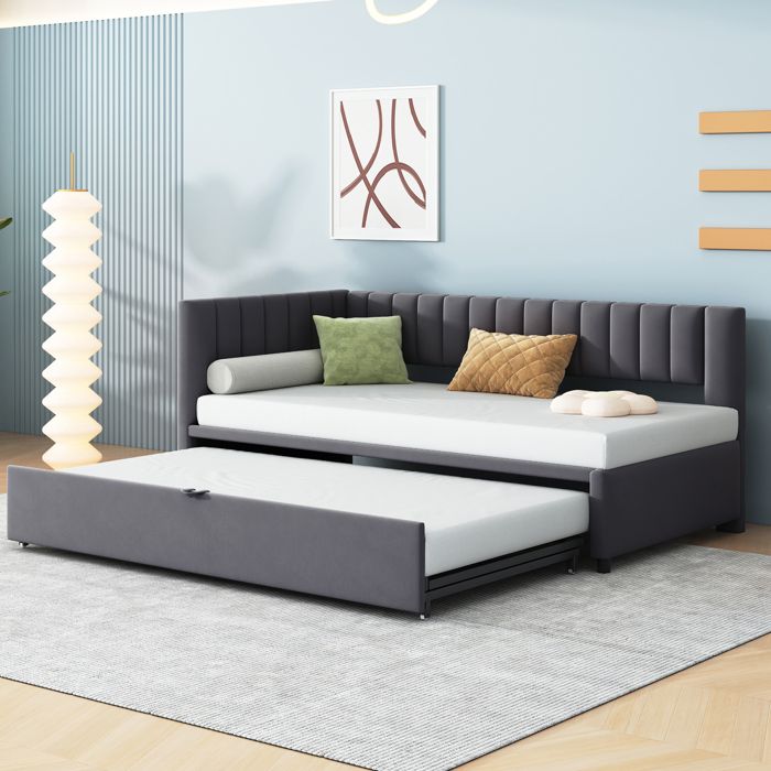 Canapé-lit - KOMHTOM - L 90/180x200 cm - Velours gris - Lit gigogne - Couchage 90x200 cm Canapé-lit - KOMHTOM - L 90/180x200 cm - Velours gris - Lit gigogne - Couchage 90x200 cm