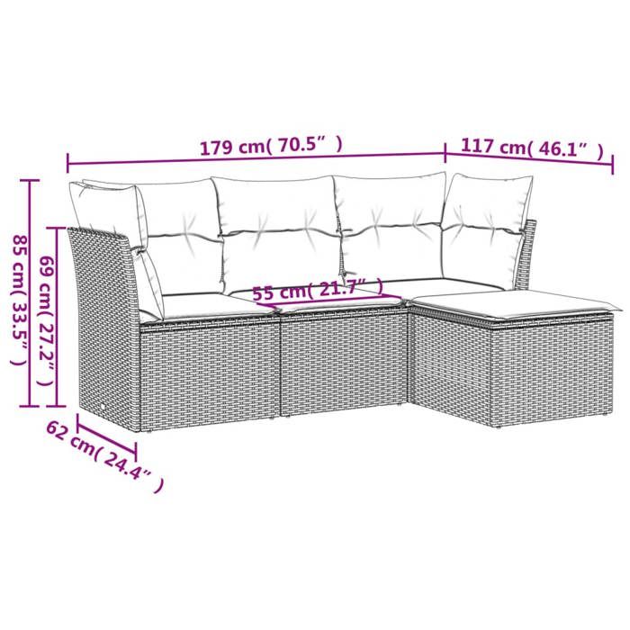 Set salon dExtérieur arrière-cour Noir - Salon Bas de jardin relaxant 4 pcs - avec coussins noir résine tressée 62x62x69cm 32 87191