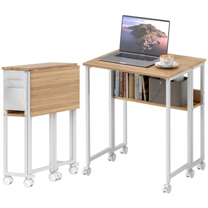 Bureau pliable compact - Bois naturel - 63x50x75 cm déplié - Pliable à 21 cm de profondeur - Étagère intégrée