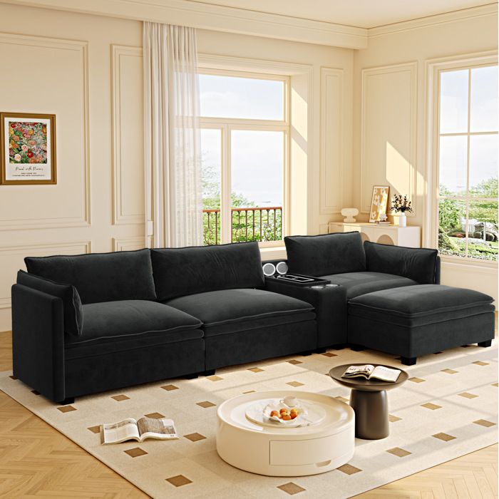 Canapé d’angle modulaire 4 places 315 cm en chenille noire avec ottomane recharge sans fil et Bluetooth