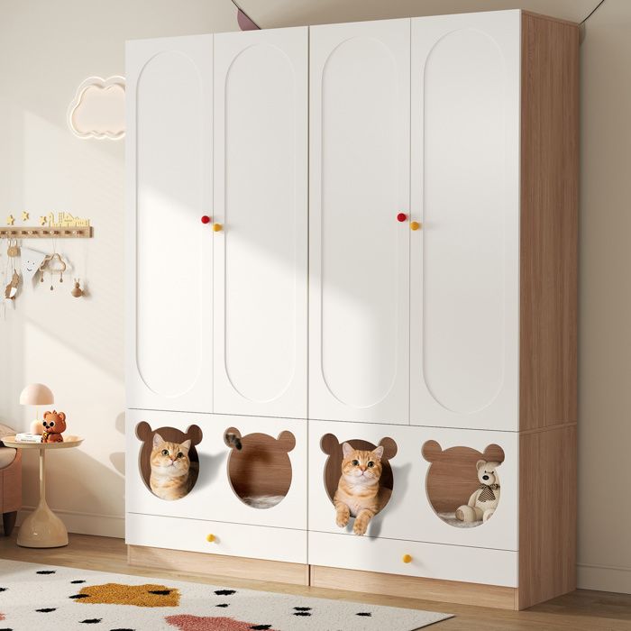 Armoire enfant lot de 2 4 portes et espace chat - ELVMI - Blanc et décor bois naturel 160×50×200 cm