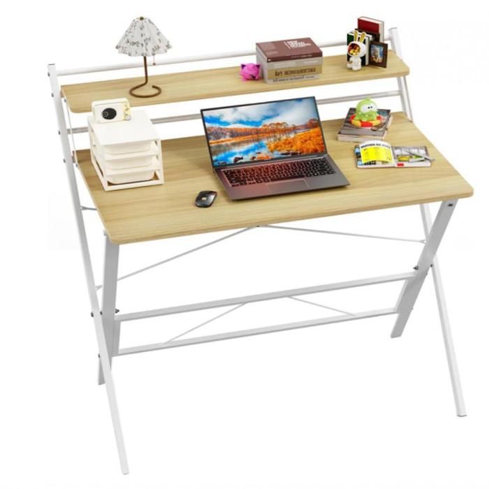 KEDIA Bureau Pliable 2 Niveaux Bois érable et de cerisier pour Bureau à Domicile Polyvalent et Peu encombrant