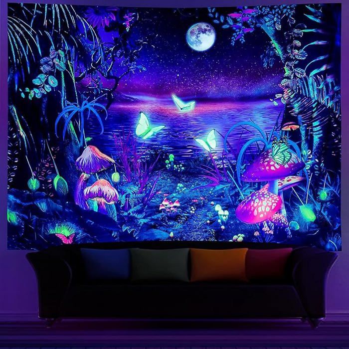 Papillons champignons Tapisserie phosphorescente dans le noir Lumière noire sous néon noire Papillons de lune TENTURE