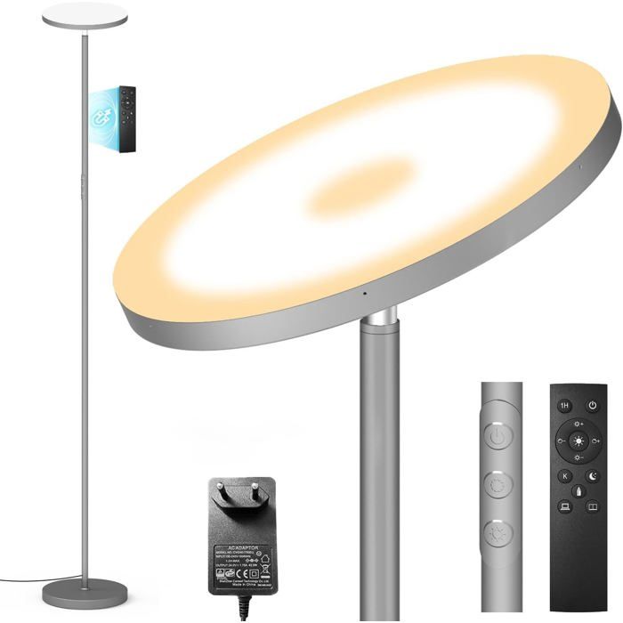 Lampadaire sur pied LED 36 W - dimmable 2700 K à 6500 K 3600 LM télécommande finition gris pour salon et bureau