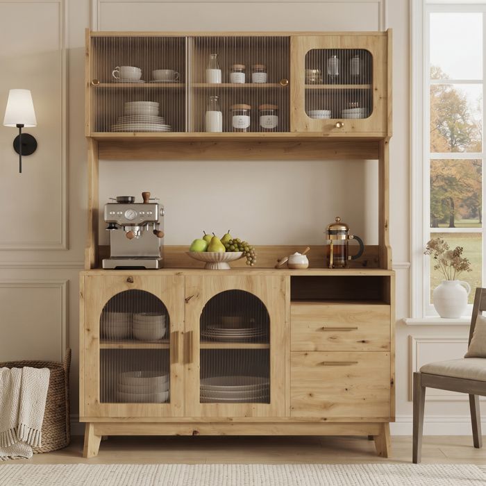 Buffet de Cuisine - Meuble Bar à Café avec Prises USB-A/USB-C Vaisselier avec Façades en Acrylique Ondulé Buffet de Cuisine - Meuble Bar à Café avec Prises USB-A/USB-C Vaisselier avec Façades en Acrylique Ondulé