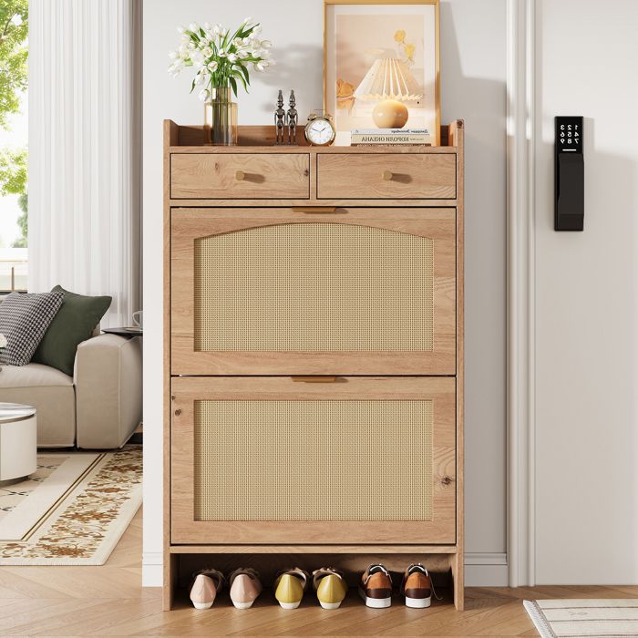 Armoire à chaussures moderne 2 portes en osier 2 tiroirs design compact idéale pour couloirs et entrées finition imitation bois