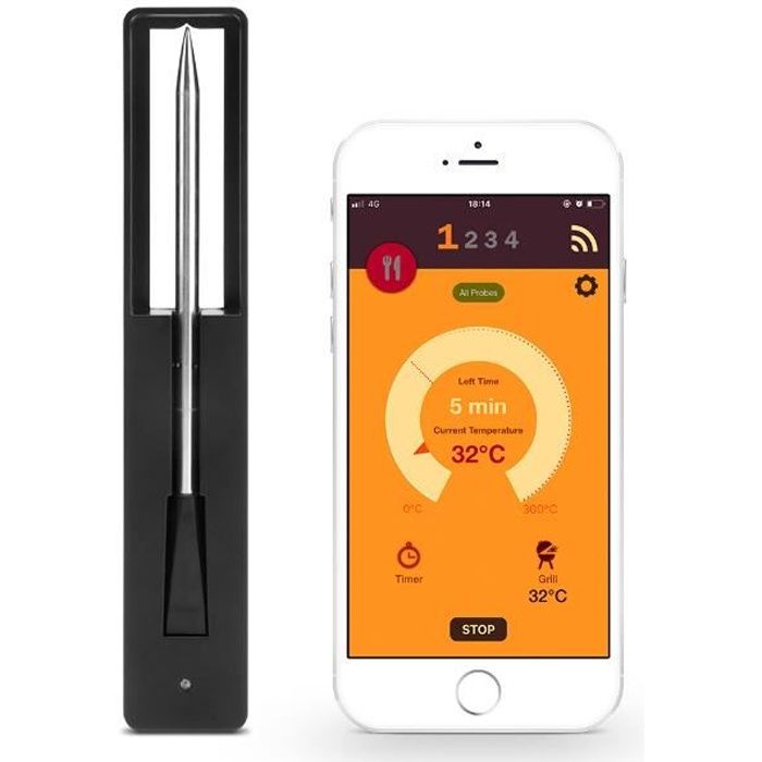 Thermomètre à Viande Bluetooth/WiFi, Portée Illimitée, 7 Sondes, Certifié NIST, BBQ4