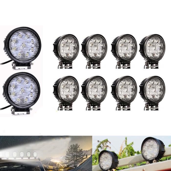 Lot De 8 Phares LED Travail 27W Ronds 12-24V - Pour 4x4, VTT, Camion, Tracteur - Blanc