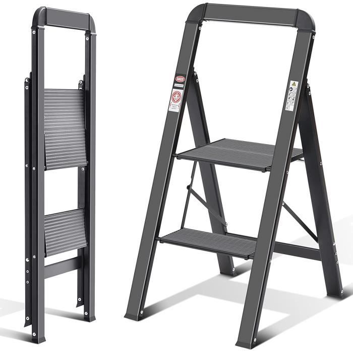 Kingrack Escabeau pliant 2 marches avec main courante,Échelle de Ménage Antidérapante Aluminium Charge Maximale 150 kg - Noir