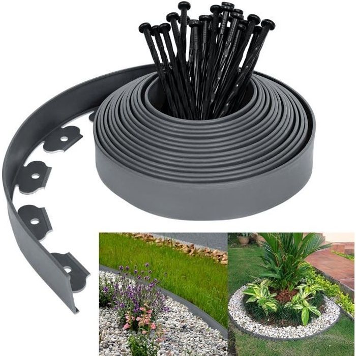 Aufun Bordure de Jardin flexible en Plastique Gris Longueur 10M avec 30 piquets d'ancrage, Bordure de pelouse Douce