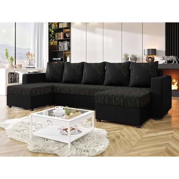 romy - canapé panoramique u - convertible - avec coffre - en tissu et pu - 7 places - style contemporain couleur - noir / gris