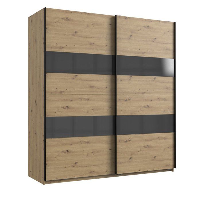 Armoire 2 portes coulissantes avec insert L180 cm 180 cm X 65 cm X 200 cm CaliCosy Chêne