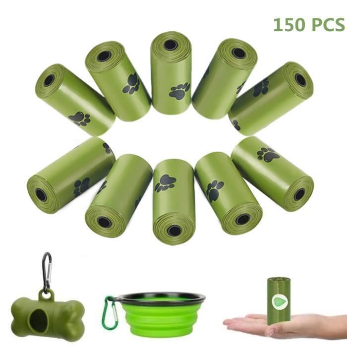 Lot de 150 Sac à Déjections Canines pour Dog Cat avec 1 Distributeur + 1 Bol Pliable pour Chien (Vert)