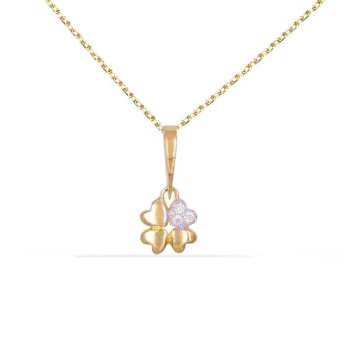 Collier - Pendentif Or Jaune et Diamant - Trèfle - Chaine Dorée