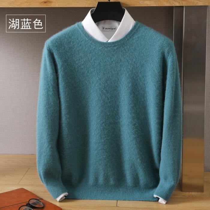 Pull en cachemire de vison pur pour hommes - Lagoon Blue - Col rond ...