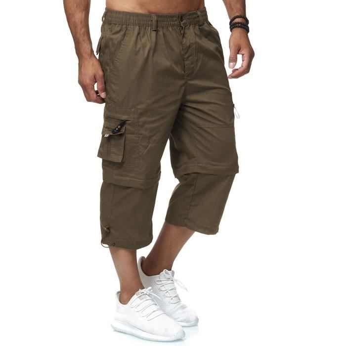 Pantalon cargo zippé décontracté pour hommes 3/4 longueur de jambe ajustable [Marron, M]