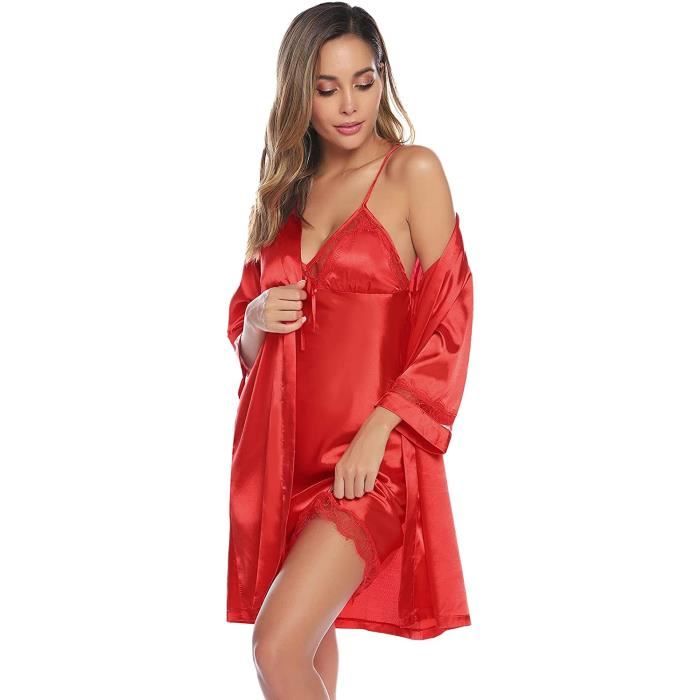 Nuisette Femme Satin, chemise de nuit femme 2 pi?�ces De la Dentelle Peignoir Nuisette Robes de 